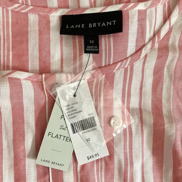 Lane Bryant Pink White Striped Babydoll Blouse Size 12 Button Flowy Short Sleeve - Picture 9 of 9